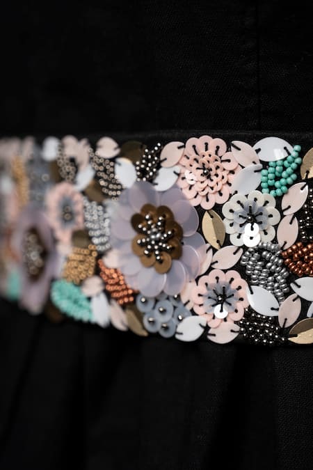 Mehraki_Black Embroidery Floral Belt _at_Aza_Fashions