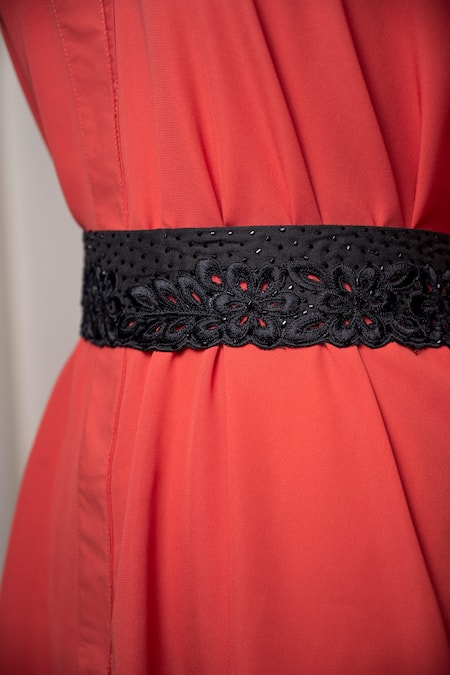 Mehraki_Black Embroidery Floral Cutout Belt _Online_at_Aza_Fashions