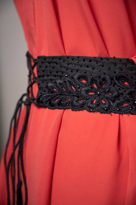 Shop_Mehraki_Black Embroidery Floral Cutout Belt _Online_at_Aza_Fashions