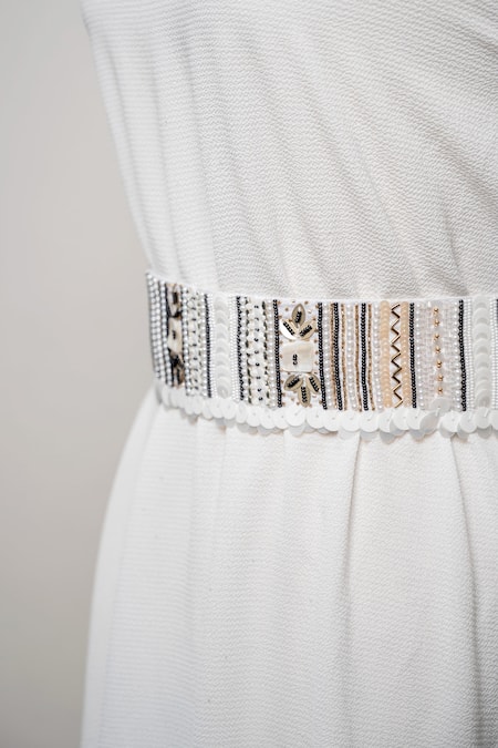 Mehraki_White Embroidery Belt_Online_at_Aza_Fashions