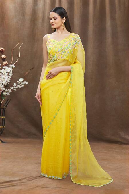 Buy Gul By Aishwarya Yellow Saree Pure Organza And Blouse Satin Beads & With Embroidered Online at Aza Fashions Buy_Gul By Aishwarya_Yellow Saree Pure Organza And Blouse Satin Beads & With Embroidered _Online_at_Aza_Fashions