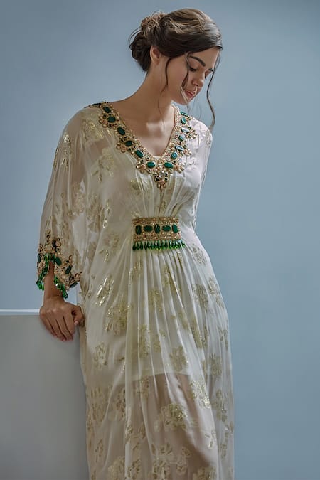 Cherie D White Lamhe Embroidery Bead V Neck Baroque Floral Kaftan 