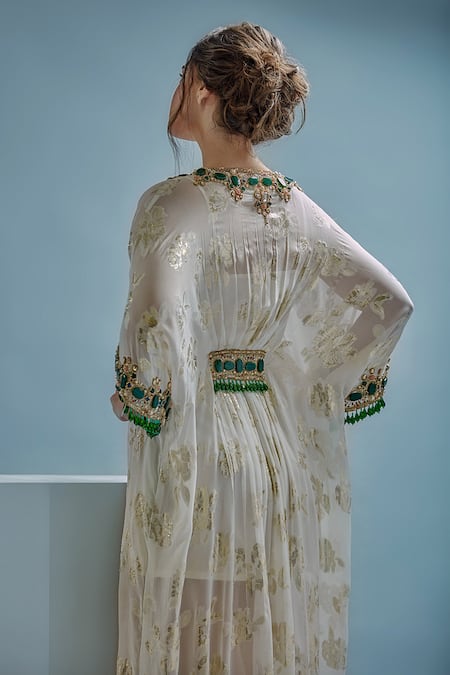 Cherie D_White Lamhe Crystal, Floral, Bead V Neck Baroque Embroidered Kaftan _Online_at_Aza_Fashions