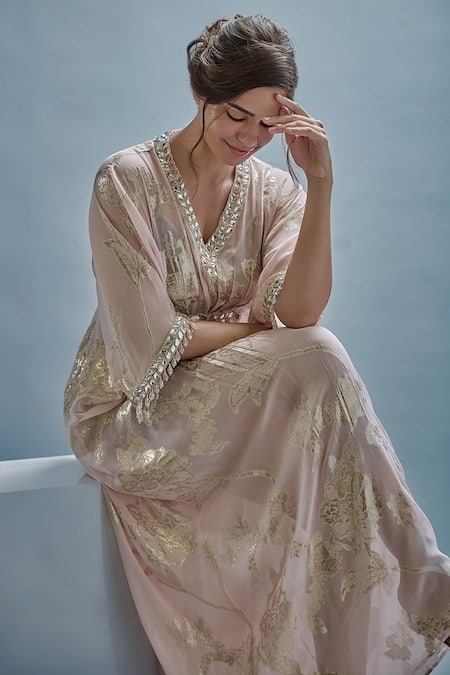 Cherie D_Pink Lamhe Crystal, Floral, Bead V Neck Bella Embroidered Kaftan _Online_at_Aza_Fashions