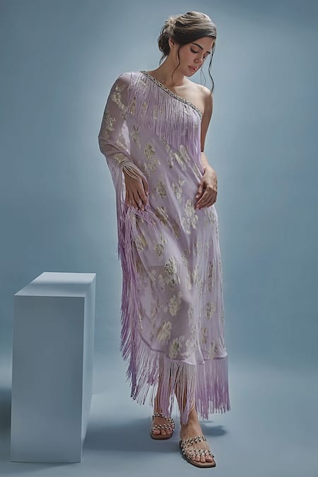 Cherie D Purple Lamhe Embroidery Crystal Asymmetric Sass One Shoulder Kaftan 