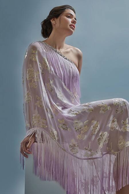 Cherie D_Purple Lamhe Crystal, Floral Asymmetric Sass One Shoulder Kaftan _Online_at_Aza_Fashions