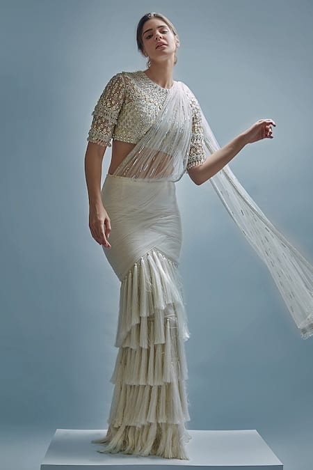 Cherie D White Tulle Embroidery Crystal Nocturne Pre-draped Saree With Blouse 
