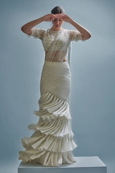 Cherie D_White Tulle Crystal, Floral, Thread Round Nocturne Pre-draped Saree With Blouse _Online_at_Aza_Fashions