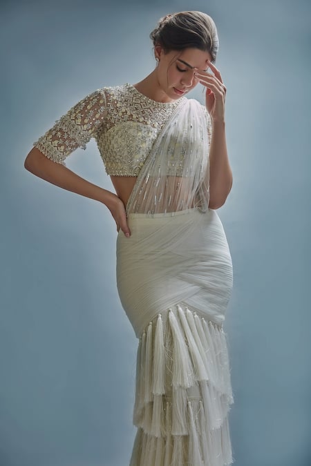 Buy_Cherie D_White Tulle Crystal, Floral, Thread Round Nocturne Pre-draped Saree With Blouse _Online_at_Aza_Fashions