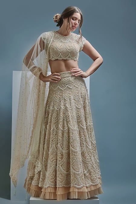 Cherie D Beige Tulle Embroidery Thread Round Oyster Bridal Lehenga Set 