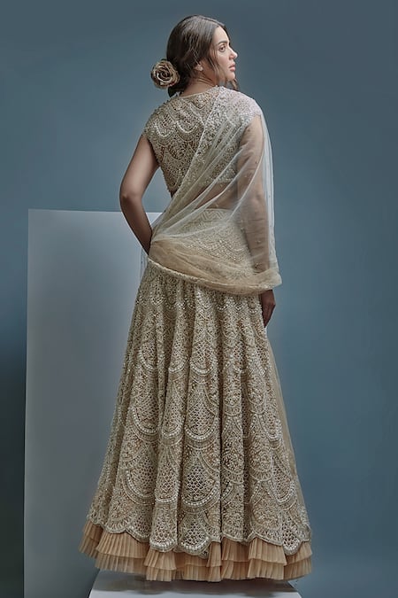 Shop_Cherie D_Beige Silk, Tulle Floral, Pearl, Scallop, Oyster Embroidered Bridal Lehenga Set _at_Aza_Fashions
