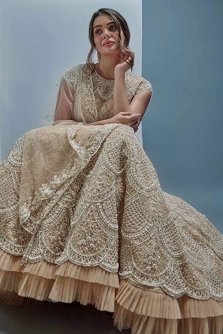 Cherie D_Beige Silk, Tulle Floral, Pearl, Scallop, Oyster Embroidered Bridal Lehenga Set _Online_at_Aza_Fashions