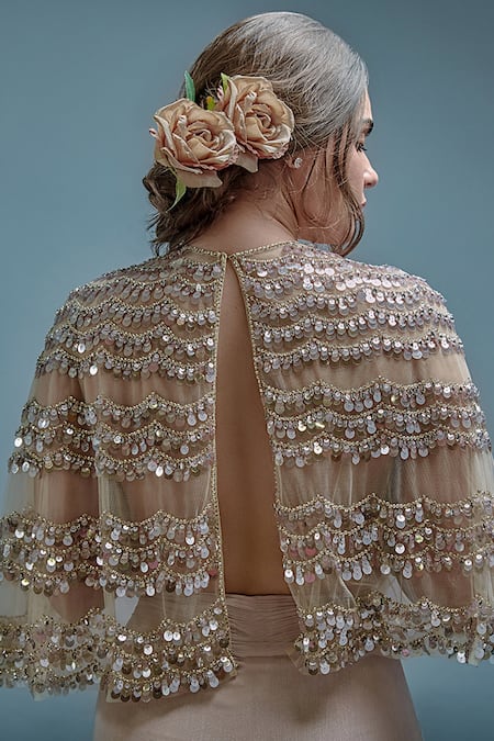 Shop_Cherie D_Gold Tulle Scallop, Sequin, Metallic Open Gala Embroidered Cape _at_Aza_Fashions