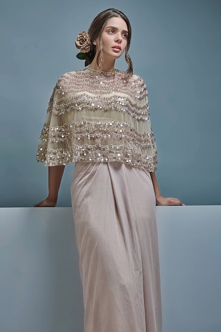 Cherie D_Gold Tulle Scallop, Sequin, Metallic Open Gala Embroidered Cape _Online_at_Aza_Fashions