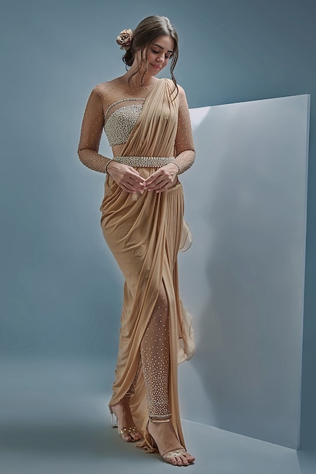 Cherie D Beige Satin Embroidery Pearl Round Rebellious Draped Pant Saree Set 