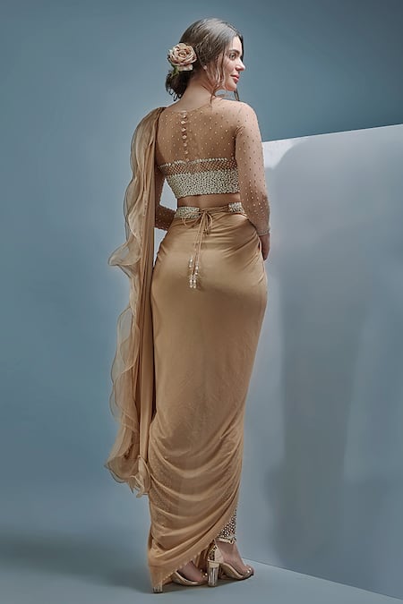 Shop_Cherie D_Beige Tulle, Satin Crystal, Pearl Round Rebellious Draped Pant Saree Set _at_Aza_Fashions
