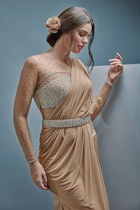 Cherie D_Beige Tulle, Satin Crystal, Pearl Round Rebellious Draped Pant Saree Set _Online_at_Aza_Fashions