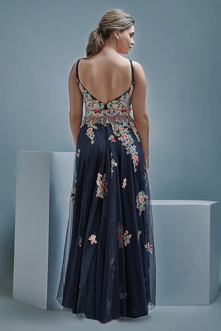 Shop_Cherie D_Blue Tulle Crystal, Floral, Bead V Neck Birdcage Embroidered Gown _at_Aza_Fashions