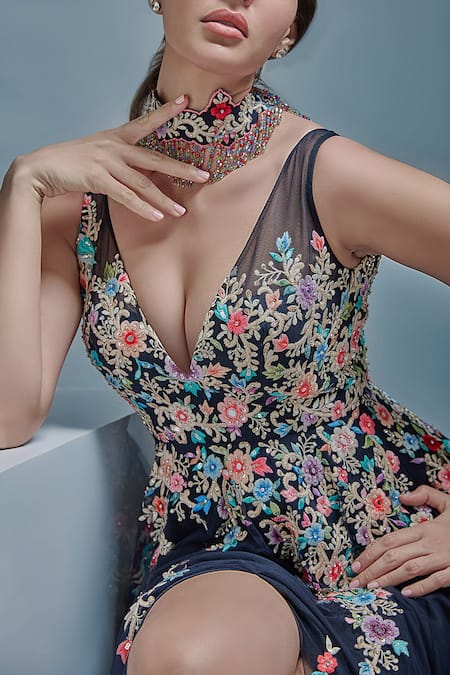 Cherie D_Blue Tulle Crystal, Floral, Bead V Neck Birdcage Embroidered Gown _Online_at_Aza_Fashions