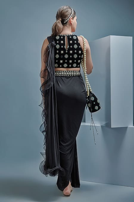 Shop_Cherie D_Black Satin, Suede Crystal, Floral, Pearl Round Noire Draped Pant Saree Set _at_Aza_Fashions