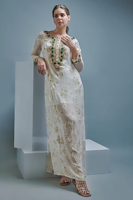 Cherie D White Lamhe Embroidery Crystal Round Baroque Floral Tunic 