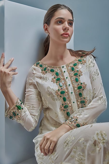 Cherie D_White Lamhe Embroidery Crystal Round Baroque Floral Tunic _Online_at_Aza_Fashions
