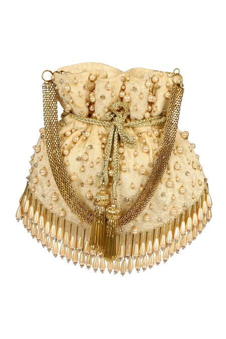 Fuchsia by aashaka mehta_Gold Embroidery, Tassels Pearl Potli _Online_at_Aza_Fashions