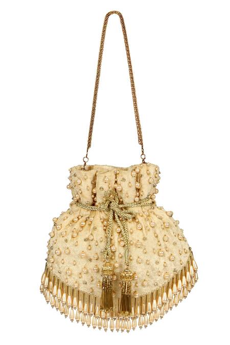 Buy_Fuchsia by aashaka mehta_Gold Embroidery, Tassels Pearl Potli _Online_at_Aza_Fashions