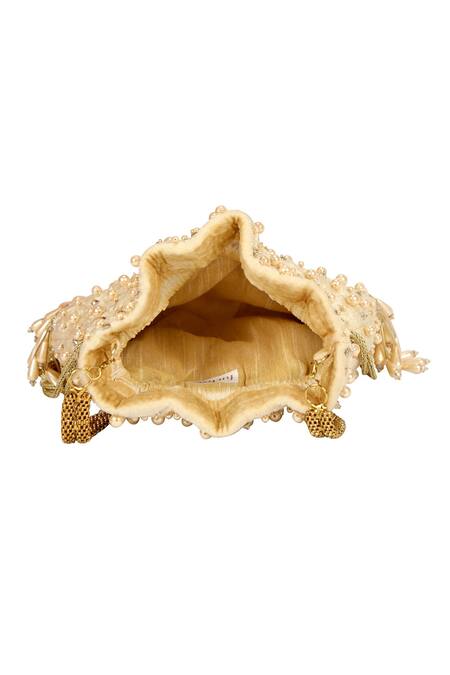 Shop_Fuchsia by aashaka mehta_Gold Embroidery, Tassels Pearl Potli _Online_at_Aza_Fashions