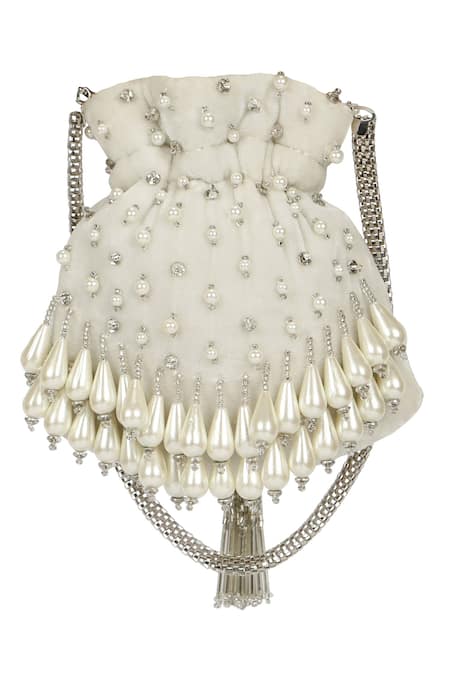 Shop Fuchsia by aashaka mehta White Embroidery, Pearls Velvet Potli at Aza Fashions Shop_Fuchsia by aashaka mehta_White Embroidery, Pearls Velvet Potli _at_Aza_Fashions