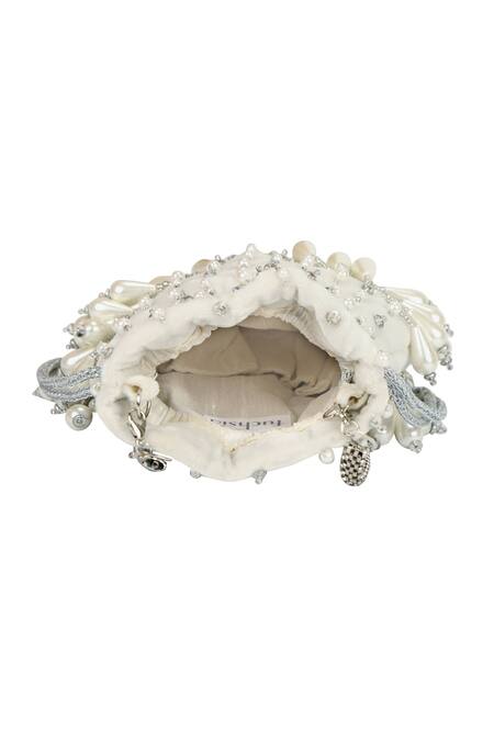 Shop Fuchsia by aashaka mehta White Embroidery, Pearls Velvet Potli Online at Aza Fashions Shop_Fuchsia by aashaka mehta_White Embroidery, Pearls Velvet Potli _Online_at_Aza_Fashions