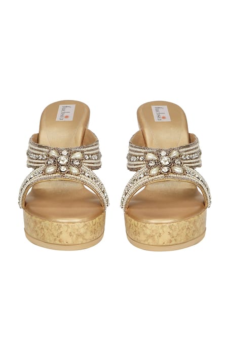 Shop Fuchsia by aashaka mehta Gold Embroidery Hour Platform Wedges at Aza Fashions Shop_Fuchsia by aashaka mehta_Gold Embroidery Hour Platform Wedges _at_Aza_Fashions