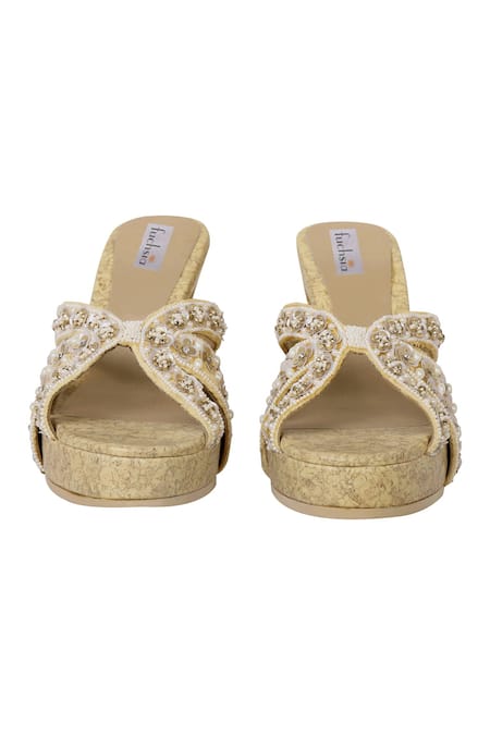 Shop Fuchsia by aashaka mehta Gold Sequins Velvet Cut-out Wedges at Aza Fashions Shop_Fuchsia by aashaka mehta_Gold Sequins Velvet Cut-out Wedges _at_Aza_Fashions