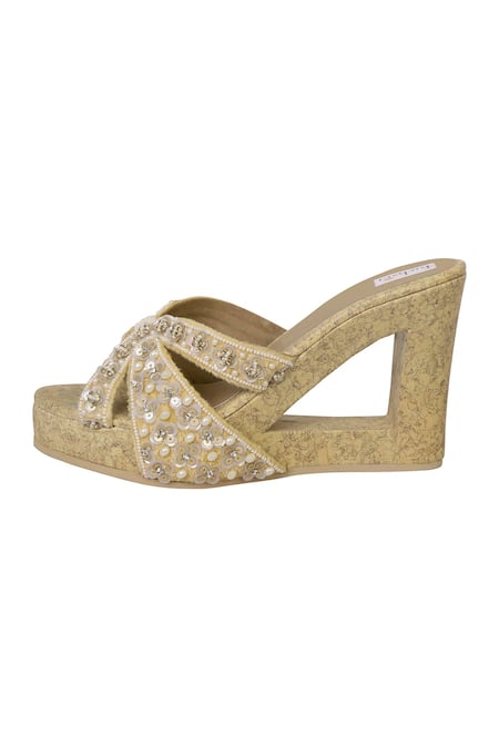 Shop Fuchsia by aashaka mehta Gold Sequins Velvet Cut-out Wedges Online at Aza Fashions Shop_Fuchsia by aashaka mehta_Gold Sequins Velvet Cut-out Wedges _Online_at_Aza_Fashions