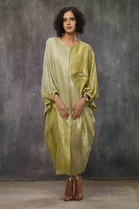 Bodhi Tree_Yellow , Brocade Floral Motifs Round Woven Colourblock Dress _Online_at_Aza_Fashions