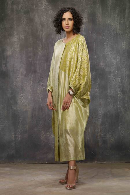 Buy_Bodhi Tree_Yellow , Brocade Floral Motifs Round Woven Colourblock Dress _Online_at_Aza_Fashions