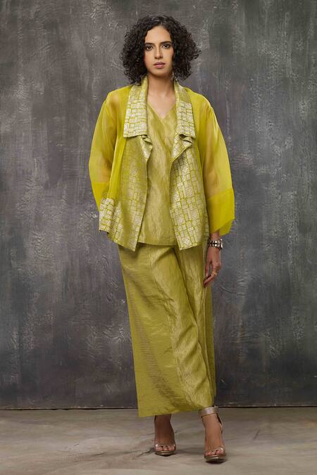 Bodhi Tree_Yellow , Brocade Floral Motifs Collared Woven Kimono Jacket Pant Set _Online_at_Aza_Fashions