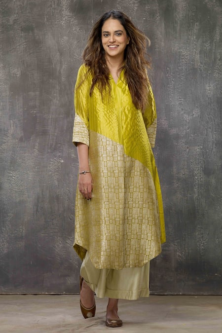 Bodhi Tree_Yellow , Brocade Floral Motifs V Neck Woven Asymmetric Kurta And Pant Set _Online_at_Aza_Fashions