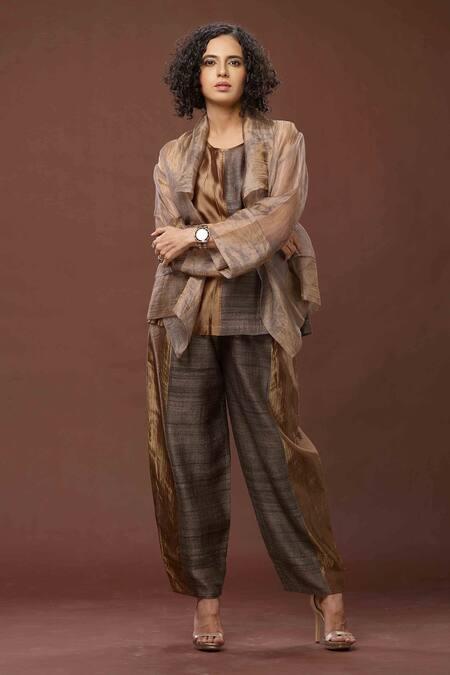 Bodhi Tree_Brown Silk, Gauze Zari, Tussar Round Colourblock Pant Set With Jacket  _Online_at_Aza_Fashions