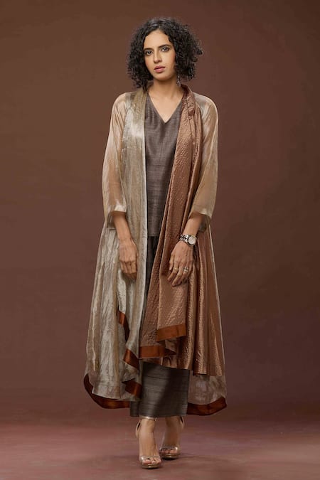 Bodhi Tree_Brown Silk, Gauze Zari, Tussar V Neck Colourblock Jacket Pant Set _Online_at_Aza_Fashions
