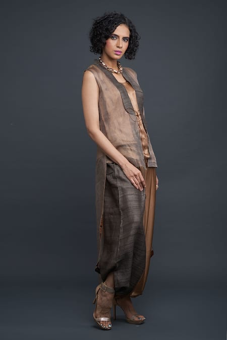 Bodhi Tree_Brown Silk, Gauze Zari, Tussar Round High Low Jacket Pant Set _Online_at_Aza_Fashions