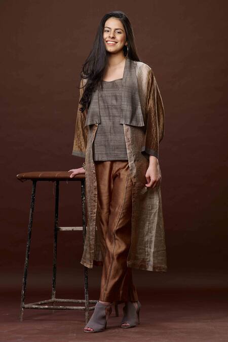 Bodhi Tree_Brown Silk, Gauze Zari, Tussar V Neck Colourblock Trench Coat Pant Set _Online_at_Aza_Fashions