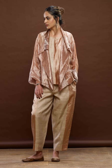 Bodhi Tree_Pink Silk, Gauze Zari, Tussar Round Colourblock Pant Set With Jacket  _Online_at_Aza_Fashions