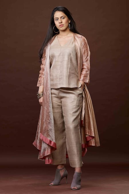 Bodhi Tree_Pink Silk, Gauze Zari, Tussar V Neck Colourblock Jacket Pant Set _Online_at_Aza_Fashions
