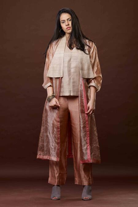 Bodhi Tree_Pink Silk, Gauze Zari, Tussar V Neck Colourblock Trench Coat Pant Set _Online_at_Aza_Fashions