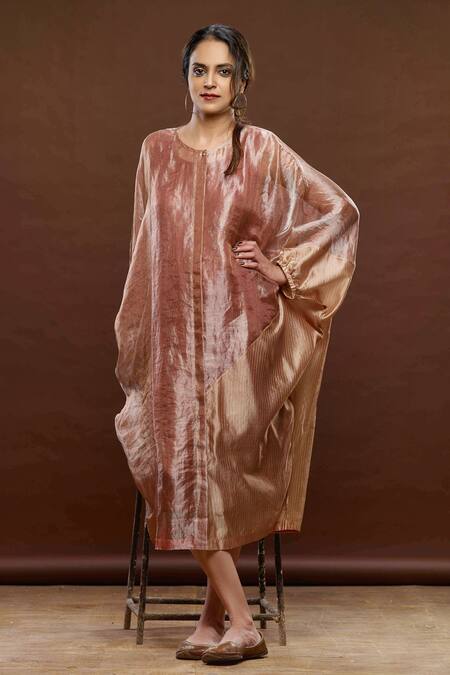 Bodhi Tree_Pink Silk, Gauze Zari, Tussar Round Metallic Colourblock Dress _Online_at_Aza_Fashions