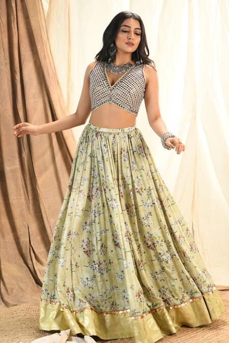 Aaryaa By Kashveen Kohli_Green Blouse Dupion And Dupatta Soft Organza, Lehenga Floral Set _Online_at_Aza_Fashions