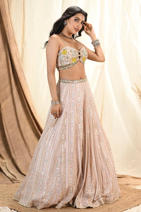 Aaryaa By Kashveen Kohli_Pink Blouse And Dupatta Net, Lehenga Georgette Mirror, Thread, Embroidered Set _Online_at_Aza_Fashions