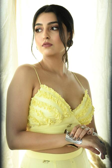 Shop_Aaryaa By Kashveen Kohli_Yellow Cotton And Mul Thread & Sequin V Neck Ruffle Trim Crop Top & Pant Set _Online_at_Aza_Fashions