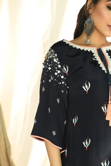 Buy_Aaryaa By Kashveen Kohli_Blue Crepe Floral Print And Sequin Round Asymmetric Kurta & Dhoti Pant Set _Online_at_Aza_Fashions